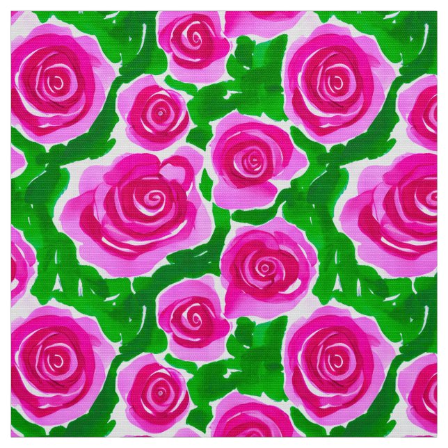 Fuchsia Pink Watercolor Roses Fabric (Swatch)