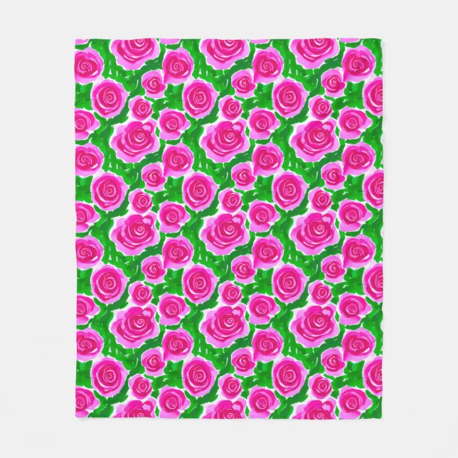 Fuchsia Pink Watercolor Roses Fleece Blanket (Front)