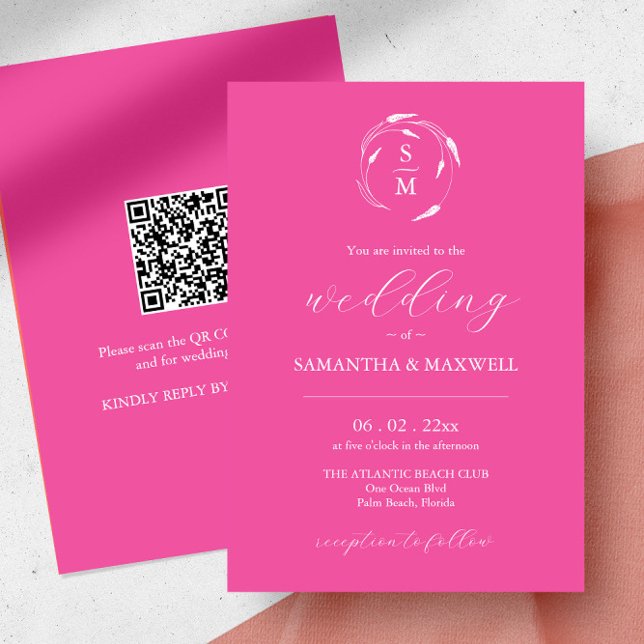 Fuchsia Pink Wedding Invitation with QR Code (sustainable wedding invitation fuchsia pink line art by Victoria Grigaliunas of Do Tell A Belle)