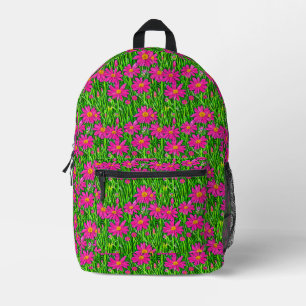 Fuchsia Pink Wildflowers in a Field Printed Backpack