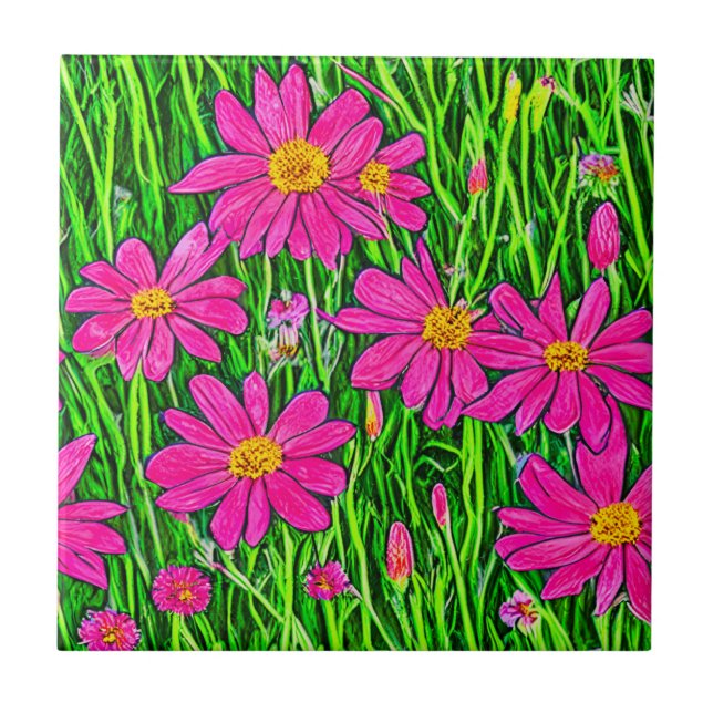 Fuchsia Pink Wildflowers in a Field Tile (Front)