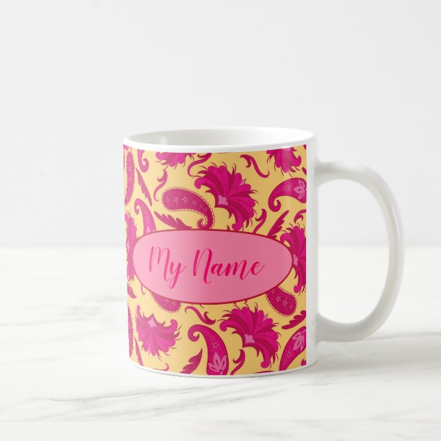 Fuchsia Pink Yellow Name Personalised Paisley Coffee Mug (Right)