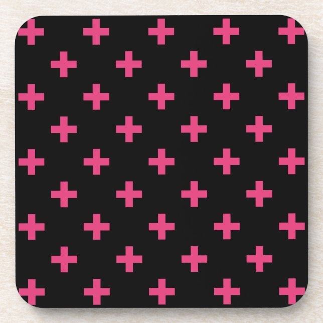 Fuchsia polka crosses on black coaster (Front)
