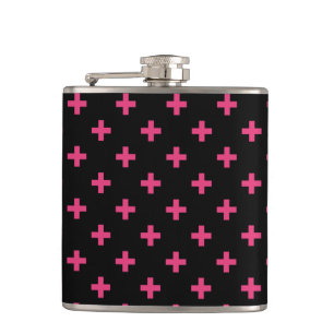 Fuchsia polka crosses on black hip flask