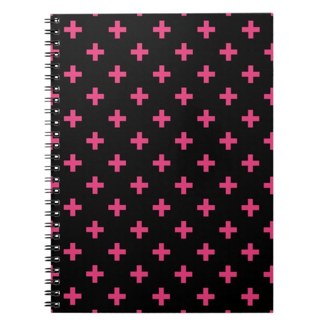 Fuchsia polka crosses on black notebook (Front)