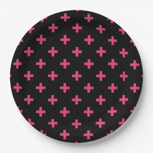 Fuchsia polka crosses on black paper plate