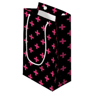 Fuchsia polka crosses on black small gift bag
