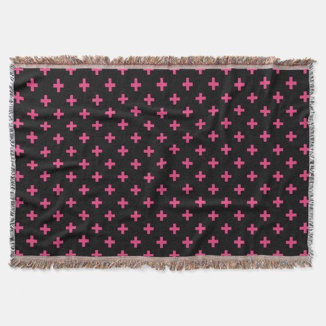 Fuchsia polka crosses on black throw blanket (Front)