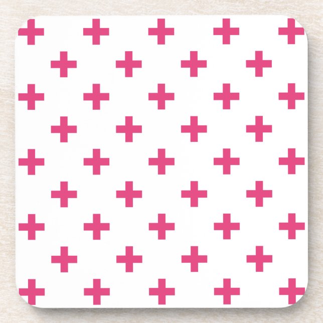 Fuchsia polka crosses on white coaster (Front)