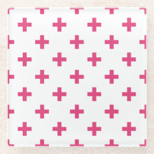 Fuchsia polka crosses on white glass coaster