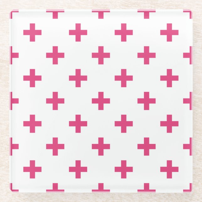 Fuchsia polka crosses on white glass coaster (Front)
