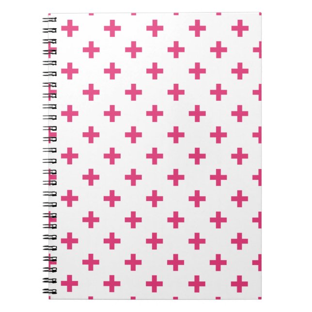 Fuchsia polka crosses on white notebook (Front)