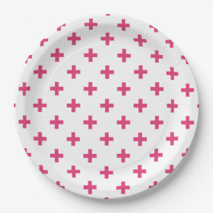 Fuchsia polka crosses on white paper plate