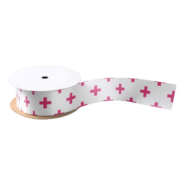 Fuchsia polka crosses on white satin ribbon (Spool)