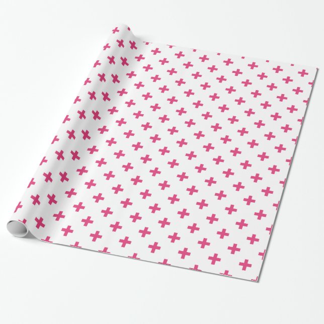Fuchsia polka crosses on white wrapping paper (Unrolled)