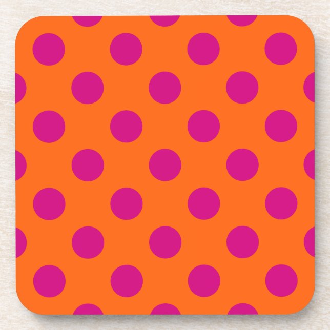 Fuchsia polka dots on orange coaster (Front)