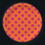 Fuchsia polka dots on orange paper plate<br><div class="desc">Fuchsia polka dots on orange</div>