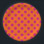 Fuchsia polka dots on orange paper plate<br><div class="desc">Fuchsia polka dots on orange</div>