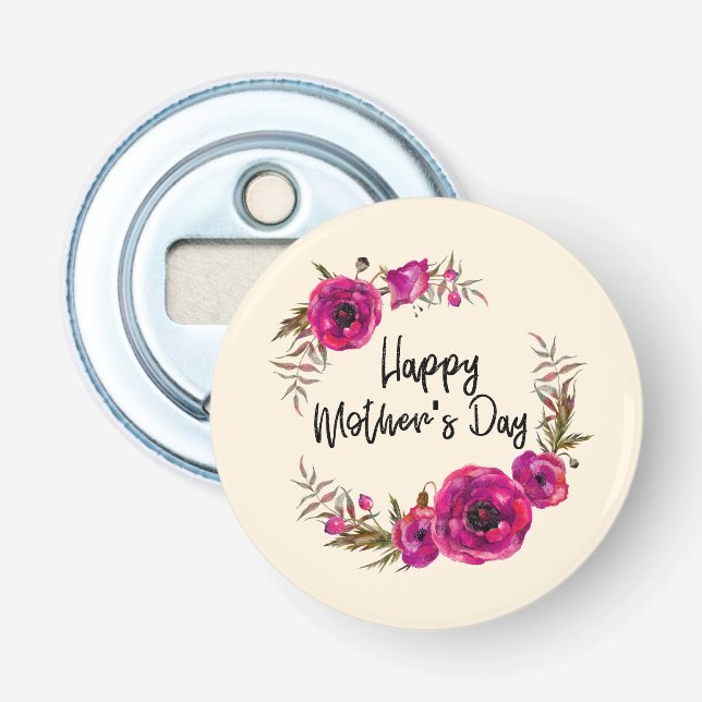 Fuchsia Poppies Floral Wreath Happy Mother's Day Bottle Opener (Front)