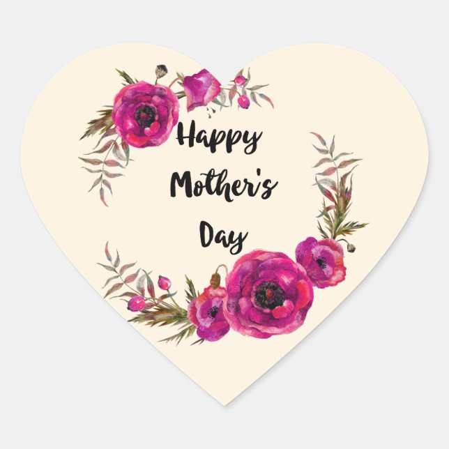 Fuchsia Poppies Floral Wreath Happy Mother's Day Heart Sticker (Front)
