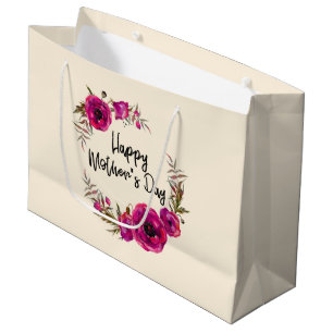 Fuchsia Poppies Floral Wreath Happy Mother's Day Large Gift Bag