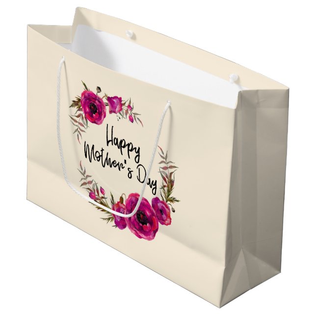 Fuchsia Poppies Floral Wreath Happy Mother's Day Large Gift Bag (Front Angled)