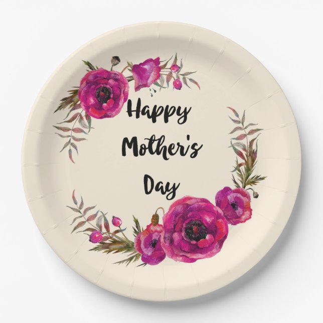Fuchsia Poppies Floral Wreath Happy Mother's Day Paper Plate (Front)