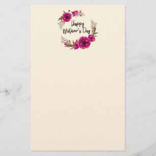 Fuchsia Poppies Floral Wreath Happy Mother's Day Stationery