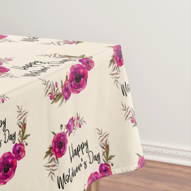 Fuchsia Poppies Floral Wreath Happy Mother's Day Tablecloth (In Situ)