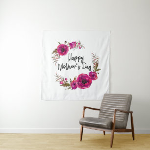 Fuchsia Poppies Floral Wreath Happy Mother's Day Tapestry