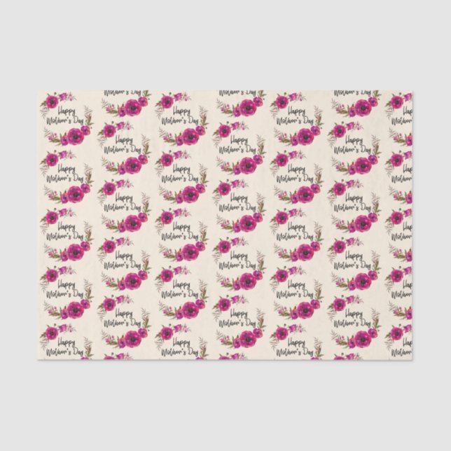 Fuchsia Poppies Floral Wreath Happy Mother's Day Tissue Paper (Front)