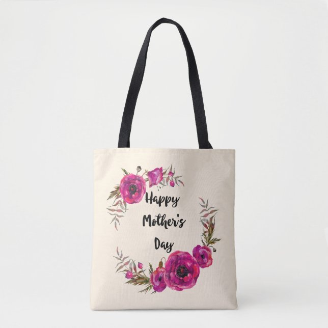 Fuchsia Poppies Floral Wreath Happy Mother's Day Tote Bag (Front)
