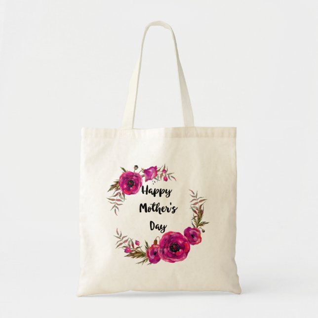 Fuchsia Poppies Floral Wreath Happy Mother's Day Tote Bag (Front)