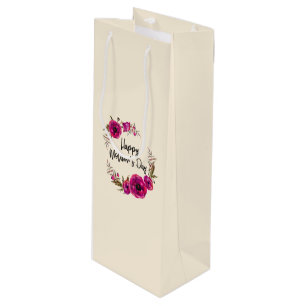 Fuchsia Poppies Floral Wreath Happy Mother's Day Wine Gift Bag