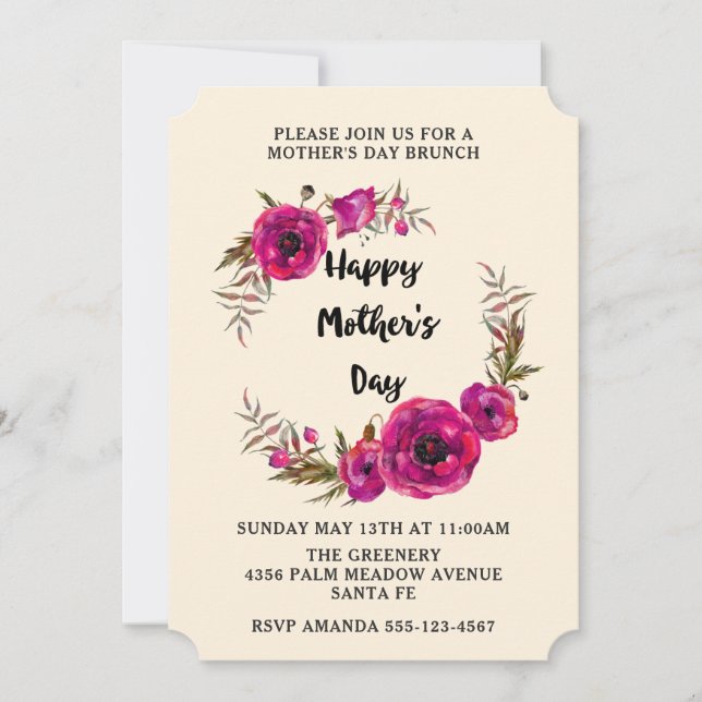 Fuchsia Poppies Floral Wreath Mother's Day Brunch Invitation (Front)