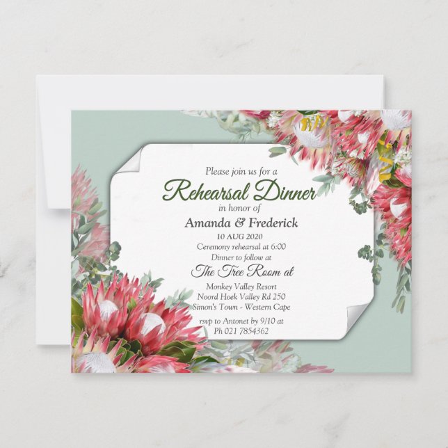 Fuchsia  Protea's - Greens & Gold Rehearsal dinner Invitation (Front)