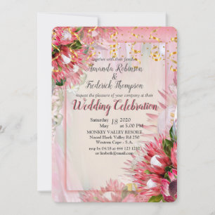 Fuchsia  Protea's with Blush & Gold Ribbon Invitation