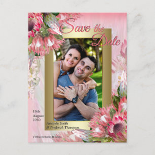 Fuchsia  Protea's with Blush & Gold  Save the Date Announcement Postcard
