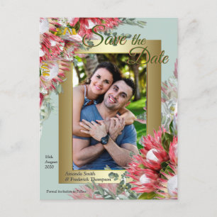Fuchsia Protea's with Green & Gold Save the Date Announcement Postcard