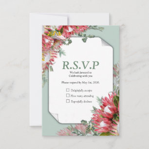 Fuchsia  Protea's with Greens & Gold ribbons RSVP Card