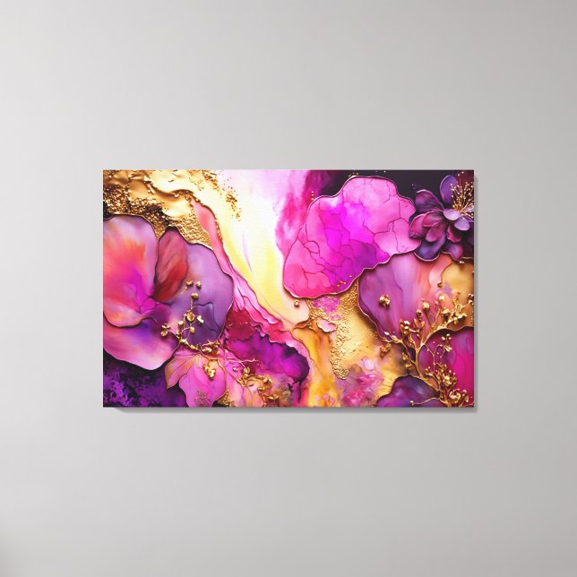 Fuchsia, Purple, & Gold Floral Art Canvas Print (Front)