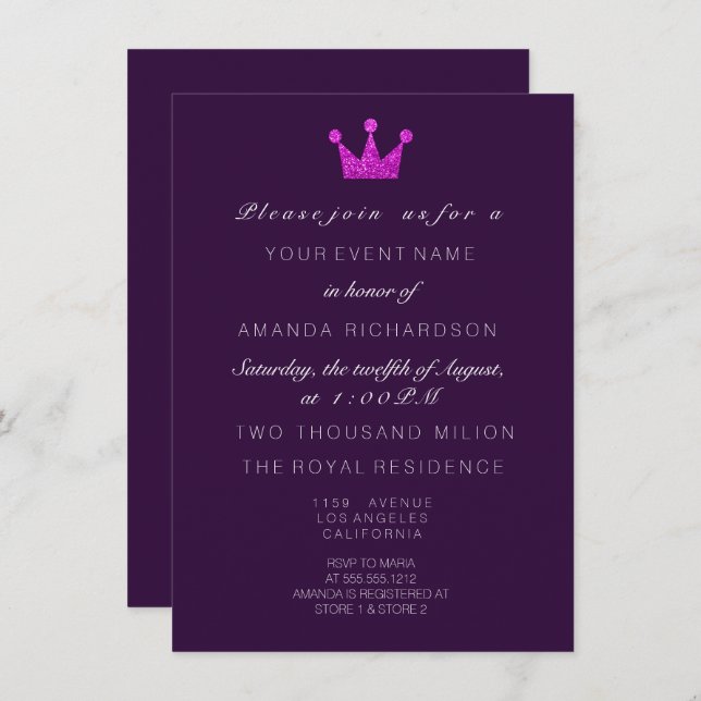 Fuchsia Purple PinkCrown Royal Glitter 16th Bridal Invitation (Front/Back)
