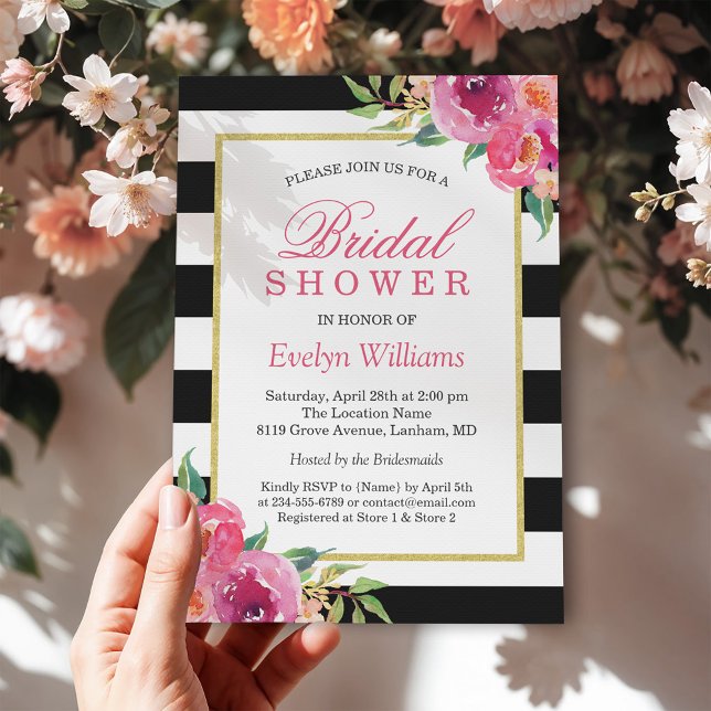 Fuchsia Purple Red Floral Stripes Bridal Shower Invitation (Creator Uploaded)