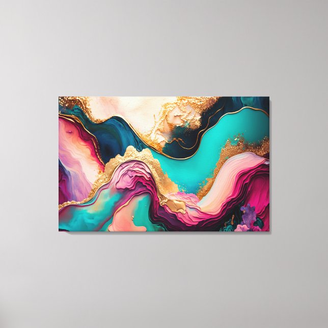Fuchsia, Purple, Teal & Gold Marble Abstract Art Canvas Print (Front)