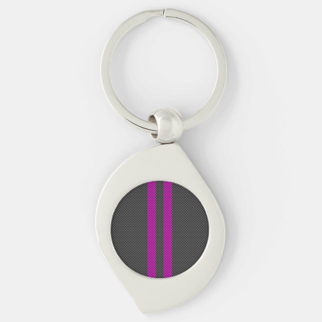 Fuchsia Racing Stripes in Carbon Fibre Style Key Ring (Front)