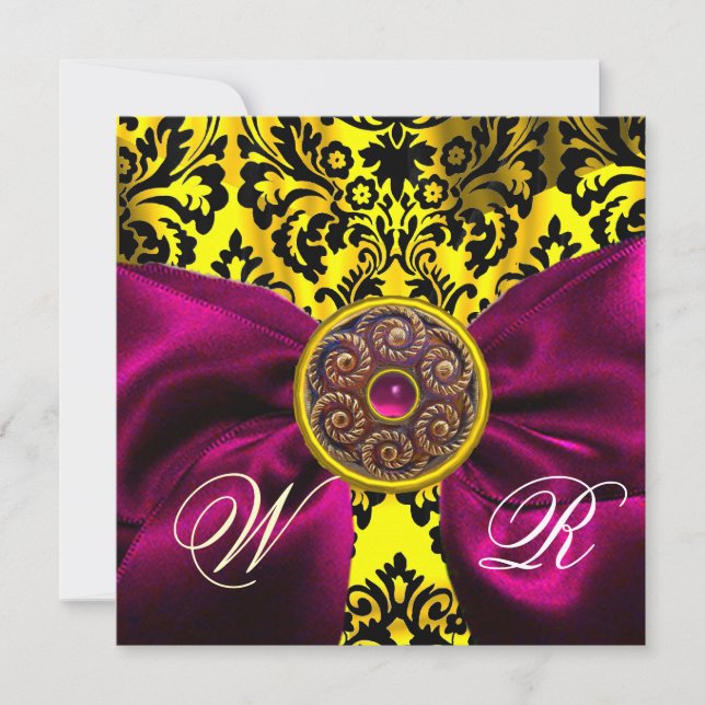 FUCHSIA RIBBON GOLD YELLOW  BLACK  DAMASK MONOGRAM INVITATION (Front)