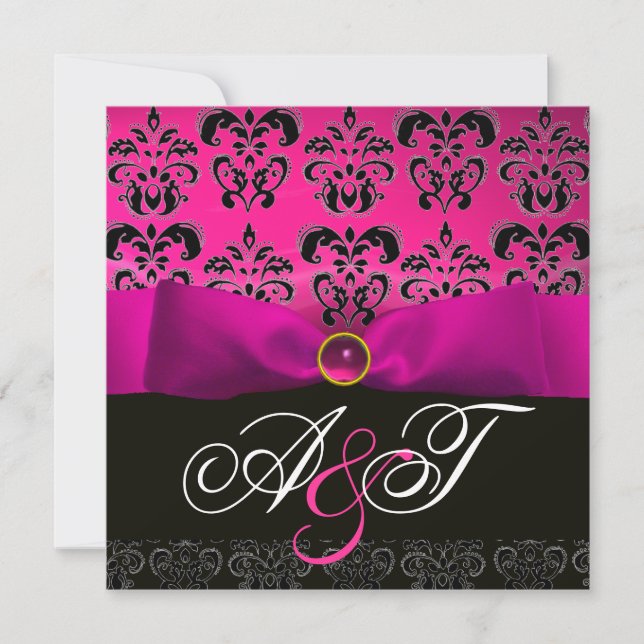 FUCHSIA RIBBON PINK PURPLE BLACK  DAMASK MONOGRAM INVITATION (Front)