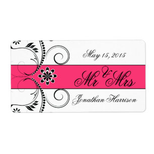 Fuchsia Ribbon Wedding Mr Mrs Water Bottle Labels