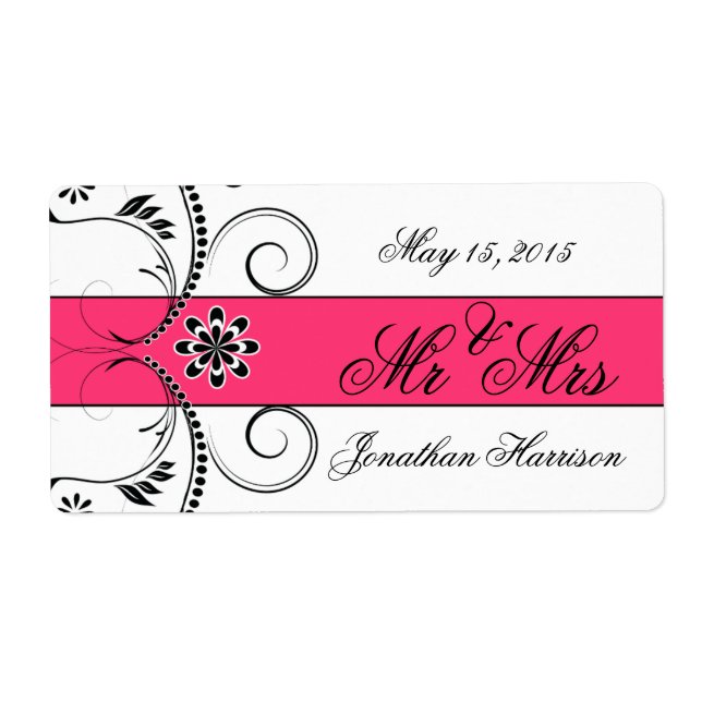 Fuchsia Ribbon Wedding Mr Mrs Water Bottle Labels (Front)