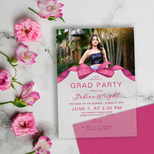 Fuchsia Rose Bow Photo Graduation Party Acrylic Invitations